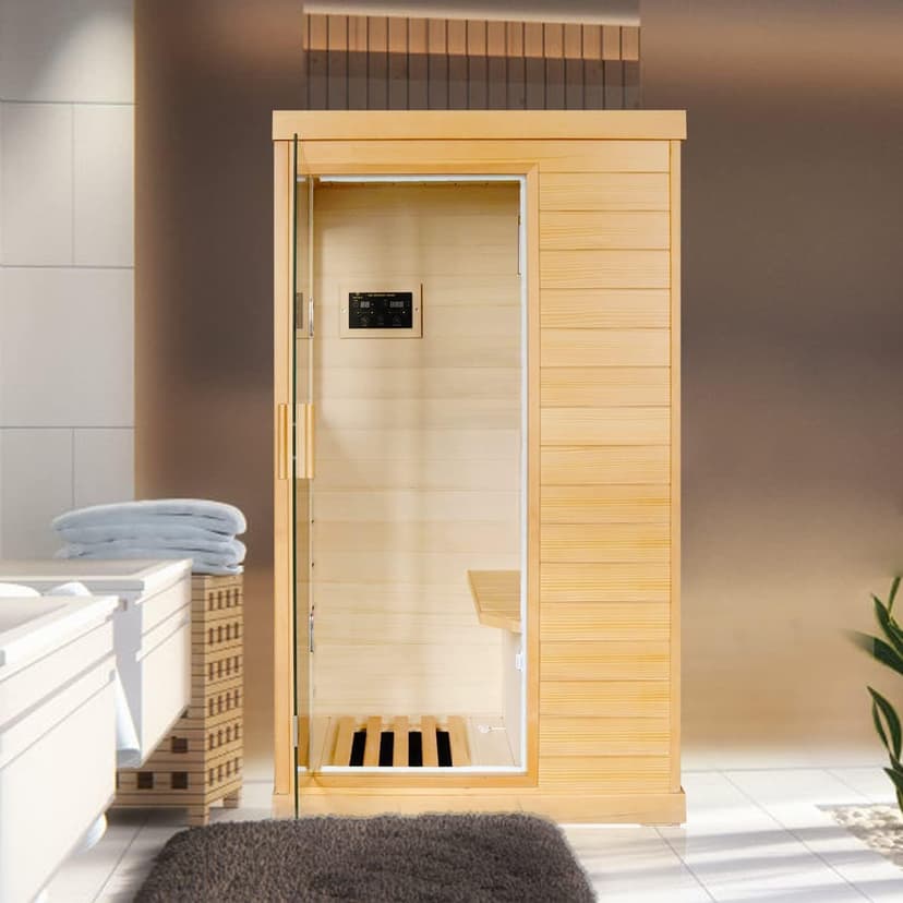 Far Infrared Sauna Home Sauna Spa Room Canadian Hemlock Wood 800W Indoor Saunas 110V with Control Panel and Tempered Glass Door, Room: 35.2 * 27.6 * 61.6Inch