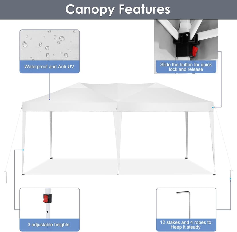 COBIZI Canopy 10x20 Pop Up Canopy Tent Party Tents for Parties Weddings Backyard Waterproof Canopy Outdoor Commercial Instant Canopy Event Tent with Stakes, Ropes,Sandbags, White