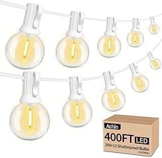 Achin Outdoor String Lights White 400FT(100ft*4) Patio Lights Outdoor Waterproof with 212 LED Bulbs(12 Spare) Shatterproof G40 Globe String Lights for Outside Wedding Backyard, White Wire, 2700K