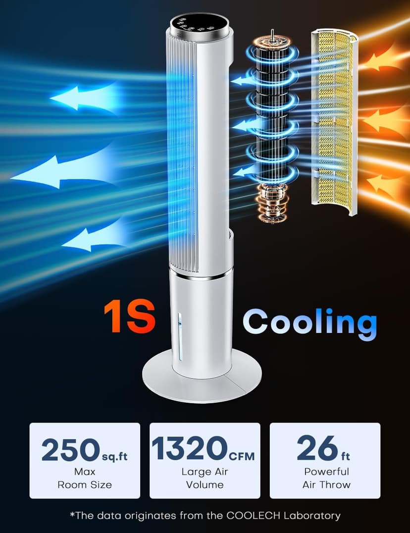 42 INCH Portable Air Conditioners w/LED Touch Screen, 4 Mode&3 Speed,1-Gal Tank for 15H Cooling Evaporative Air Cooler,12H Timer, No Hose No Window Needed, 90° Oscillating AC Unit for Bedroom