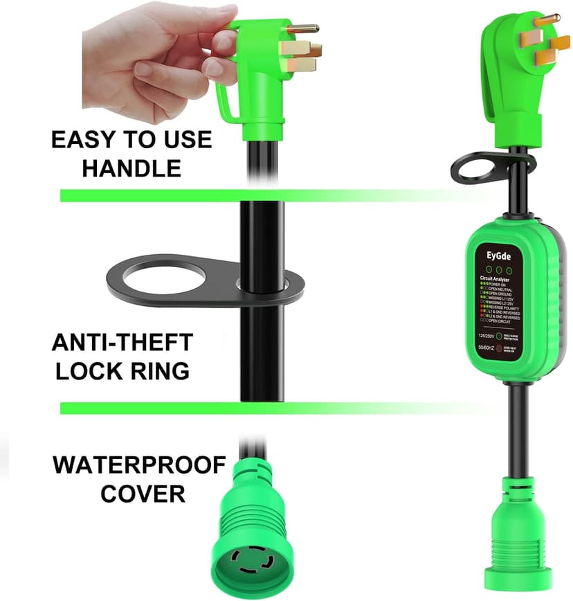 EyGde 50 Amp to 4 Prong 30 Amp Generator Adapter with Surge Protector - Patented NEMA 14-50P Twist Lock Male to L14-30R Female Plug, STW Cord with Circuit Analyzer for Generator