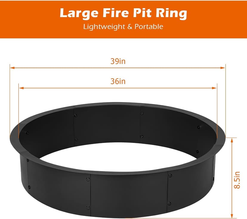 OUSHENG 36 Inch Round Fire Pit Ring Insert for Outside Wood Burning, 39 Inch Outer Large Solid Steel Firepit Liner for Above or In-Ground Outdoor DIY Camping Garden Patio Backyard