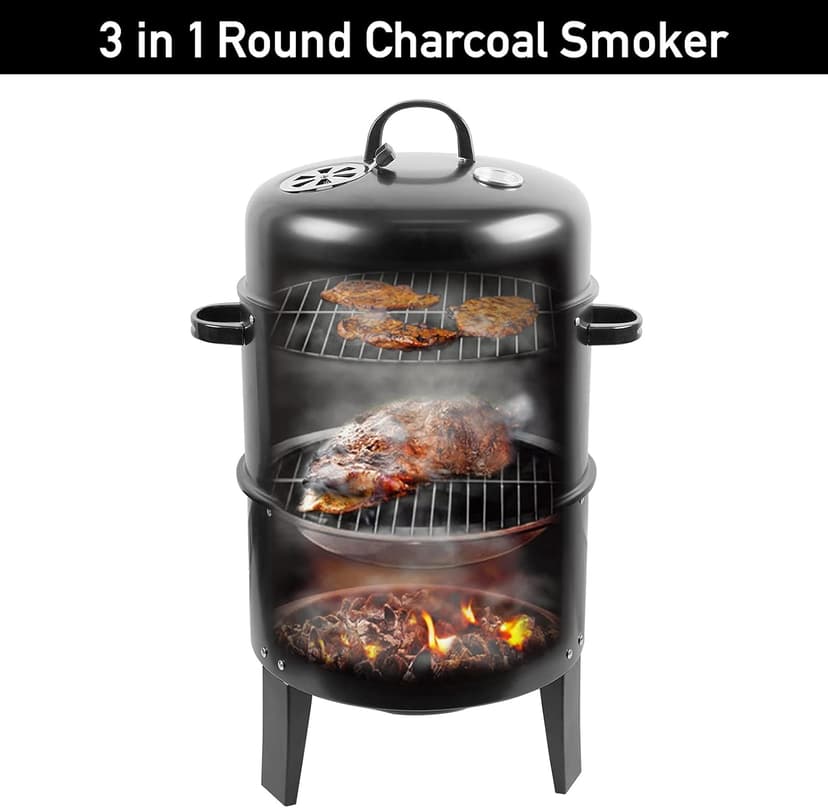 ZXMT 17 Inch Vertical Multi-Layer Steel Charcoal Smoker, Heavy Duty Round Charcoal BBQ Grill for Outdoor Smoking Grill with Thermometer Outdoor Home Party