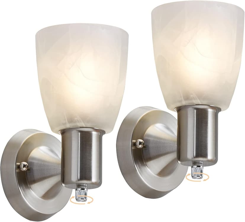 Wall Sconces Set of 2, Brushed Nickel Vanity Lights for Bathroom, Modern Wall Light Fixtures with Rotary Switch, Wall Mount Light with Frosted Glass, Farmhouse Wall Lamp for Bedroom Living Room