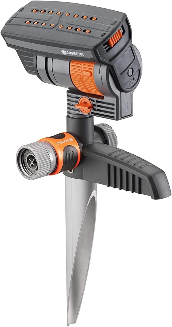 Gardena (18709-81) Up to 2300 sq ft - ZoomMaxx Adjustable Oscillating Sprinkler on Metal Step Spike for Watering Large Area Lawn, Yard and Garden. Quick Connect Included for Ease of Connection.