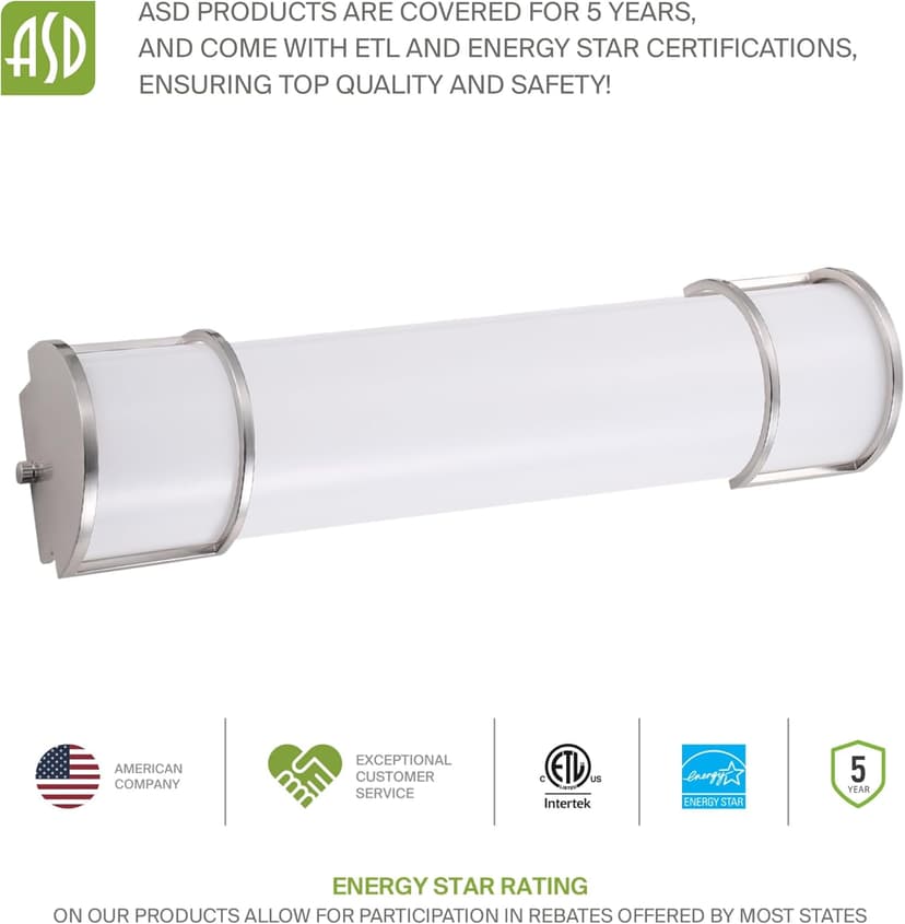 ASD LED 36 Inch Flush Mount Vanity Lighting Fixture | 30W 2650LM 3000K-5000K 120V | 3CCT, Dimmable, Energy Star, ETL Listed | Bathroom Linear Wall Light Bar, Long Tube Bath Sconce | Nickel