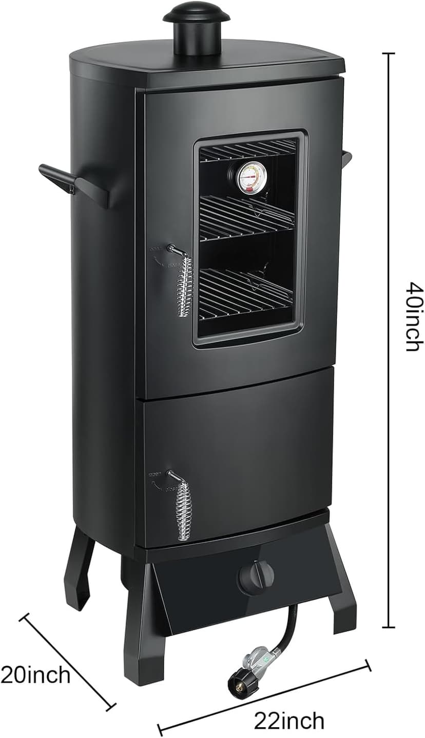 Propane Smoker with Cover, Vertical Smoker Grill with Temperature Control Outdoor Heavy Duty Three Removable Smoking Shelves, Black