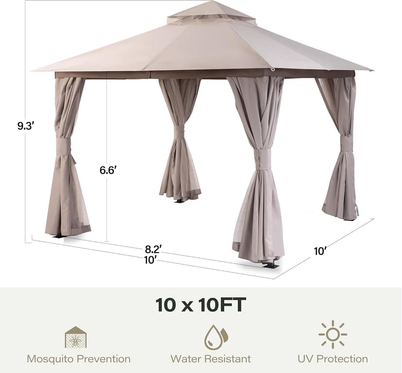 LAUSAINT HOME Outdoor Patio Gazebo with Expansion Bolts, Double Roof Soft top Gazebos Shelter Party Tent with Mosquito Nettings and Privacy Screens for Backyard, Deck, Garden, Lawn (10x10, Khaki)