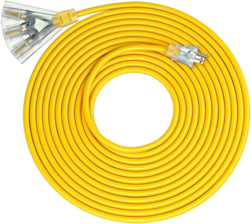 DEWENWILS 25 FT 14/3 Gauge Extension Cord Outdoor Tri-Tap Extension Cord Splitter, Heavy Duty Power Cable SJTW 15 Amp for Multiple Appliances, LED Lighted Plug, ETL Liste