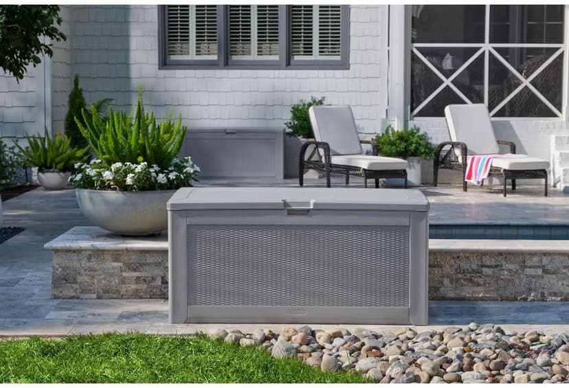 Rubbermaid Extra Large Resin Outdoor Storage Deck Box (134 Gal), Weather Resistant, Gray, Deck Organization for Home/Backyard/Pool Chemicals/Toys/Garden Tools/Porch/Patio Cushions