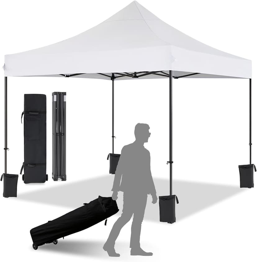 10in x10in Canopy Tent with Wheeled Bag, Commercial Portable Pop Up Tent, Easy Set Up, 4 Stakes & 4Sandbags & 4 Ropes, Waterproof Outdoor Shelter for Market, Parties, White