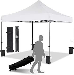 10in x10in Canopy Tent with Wheeled Bag, Commercial Portable Pop Up Tent, Easy Set Up, 4 Stakes & 4Sandbags & 4 Ropes, Waterproof Outdoor Shelter for Market, Parties, White