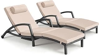 Chaise Lounge Chairs Outdoor Set of 2, Comfy Outside Wicker Patio Pool Lounge Chair w/ 5 Adjustable Back Angle, Cup Holder, Thicken Cushion