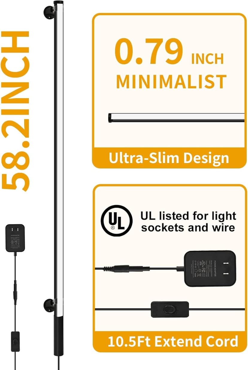 Upgrade Plug in Wall Sconces, 58.2Inch Extra-Long Corner Wall Lights for Living Room, Corner Light with Remote Control, Minimalist Slim Plug in Sconce, 12W Wall Lamps for Living Room Bedroom (1 Pack)