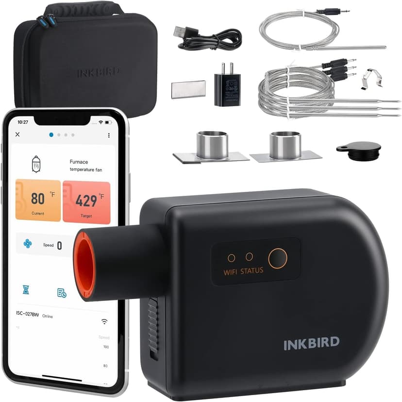 Wi-Fi & Bluetooth BBQ Smoker Temperature Controller with Automatic Smoker Fan, INKBIRD ISC-027BW Grill Thermometer with 4 Probes for Big Green Egg, Kamado Joe, Primo, Vision Grill, Akorn Kamado, Weber
