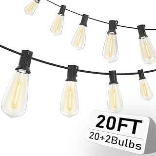 LED Patio String Lights 20Ft with 22 ST40 LED Edison Bulbs, Waterproof Outdoor Hanging Lights for Porch, Deck, Garden, Backyard, E17 Base, 2700K Dimmable, Vintage String Lights- Black Wire