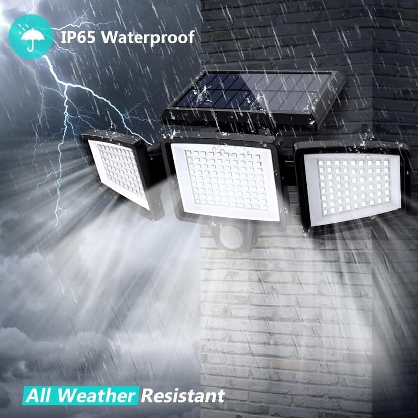 Tuffenough Solar Outdoor Lights 2500LM 210 LED Security Lights with Remote Control,3 Heads Motion Sensor Lights, IP65 Waterproof,270° Wide Angle Flood Wall Lights with 3 Modes(4 Packs)