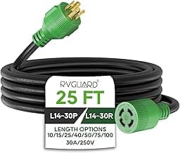 RVGUARD 4 Prong 30 Amp 25 Foot Generator Extension Cord, NEMA L14-30P/L14-30R, 125/250V Up to 7500W 10 Gauge SJTW Generator Cord with Cord Organizer, ETL Listed