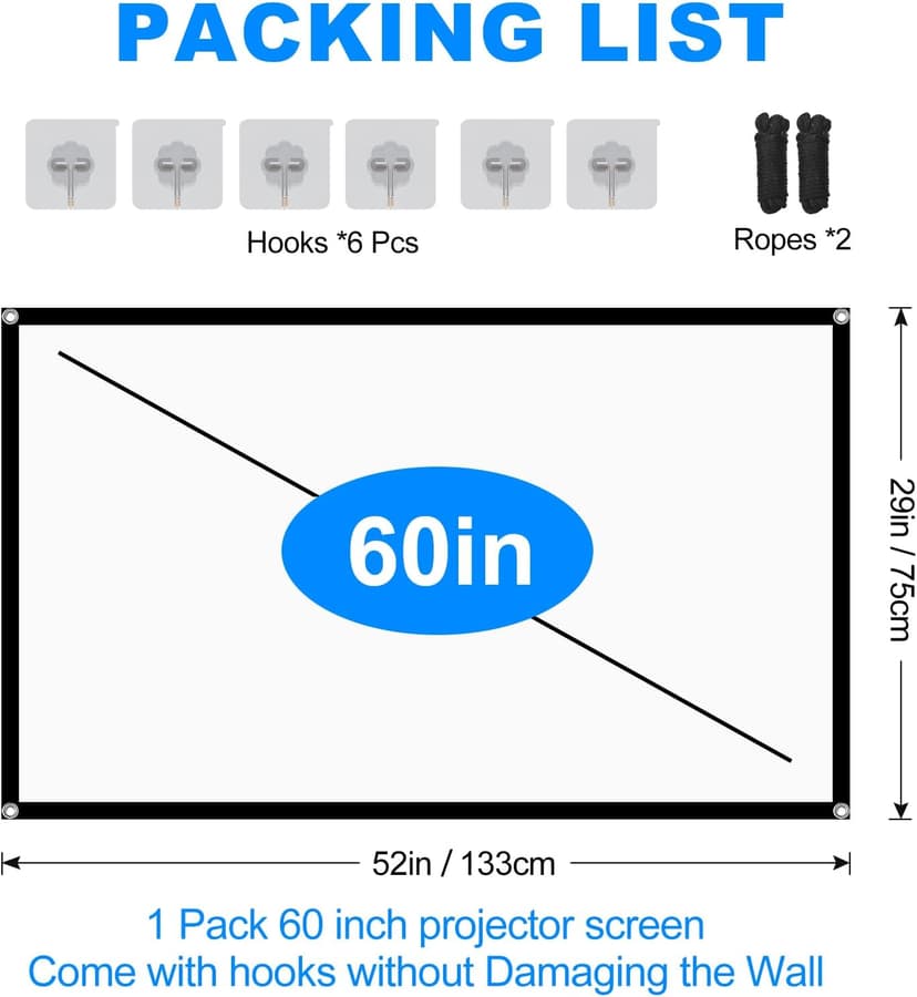 60 Inch Projector Screen, OKEDUO 4K 16:9 HD Portable Projection Movie Screen, Anti-Crease Indoor Outdoor, Simple Install, Easy Carrying Projection Screen for Home Theater Backyard
