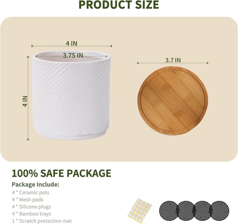 AOMRYOM 4 Inch Ceramic Plant Pots with Drainage Hole and Saucer, Modern Small Indoor Outdoor Flower Planter for Succulent, Cactus and Herbs, Geometric Patterns, White, Set of 4 (Plant Not Included)