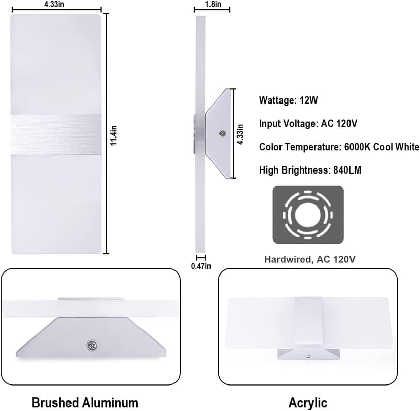 TRLIFE Modern Wall Sconces, Dimmable Wall Sconces Set of 2 Wall Mounted Lights 12W 6000K Cool White Hardwired Wall Sconce Lighting for Bedroom Bedside Living Room Stairway Hotel(2 Pack)
