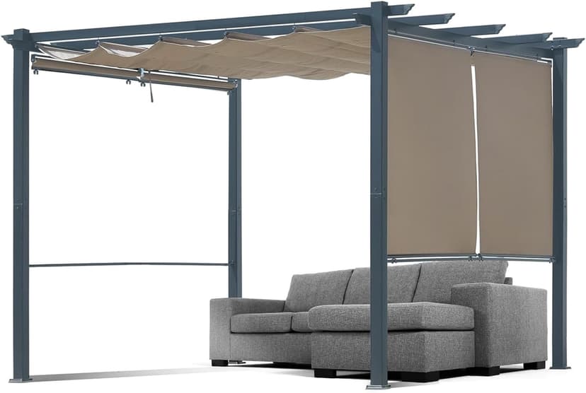 Aoodor 10 x 10 ft Outdoor Pergola with Retractable Shade Canopy, Matte Aluminum Frame, 4 Roller Shade Curtains, Grape Trellis for Patio, Backyard, Garden, and Deck, Dark Brown