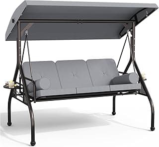 Oakcloud 3-Seat Outdoor Porch Swing,Large Converting Swing Chair with Adjustable Canopy,Patio Swing Glider with Thicken Cushions & Pillows for Poolside Balcony Backyard (Grey)