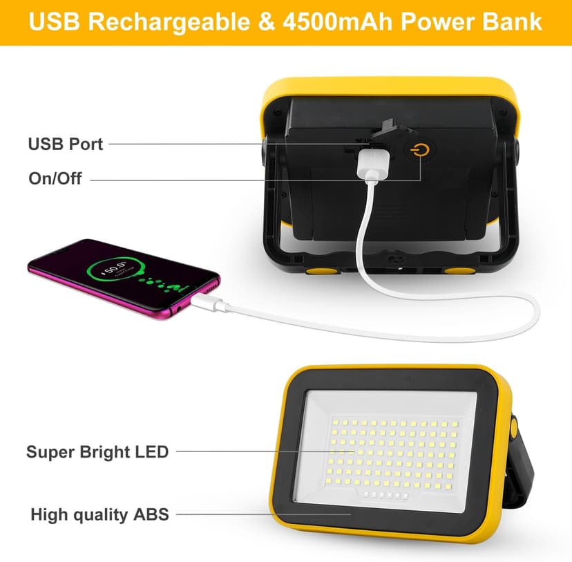 T-SUN Battery Work Light Rechargeable Portable Flood Light Cordless LED Work Light with Tripod Hole IP65 Waterproof Trouble Light USB Powered for Camping Car Repaire Job Site