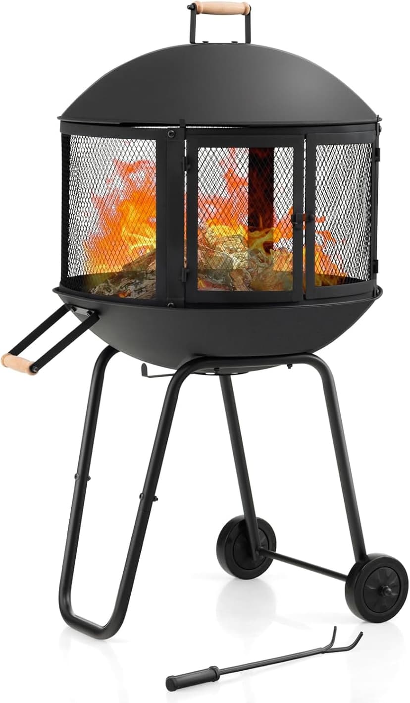 Giantex 28" Portable Fire Pit on Wheels, Outdoor Mobile Wood Burning Firepit w/Log Grate, Fire Poker, Heavy-Duty Steel Frame & Solid Metal Top, 2-Door Gate, Rolling Fire Pits for Entertaining Camping