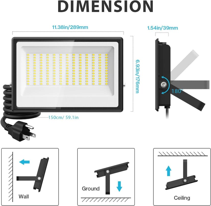 Olafus 2 Pack 150W LED Flood Light Outdoor, 13500LM Super Bright Work Lights Plug in, 6500K, IP66 Waterproof Exterior Floodlight for Stadium Yard Barn