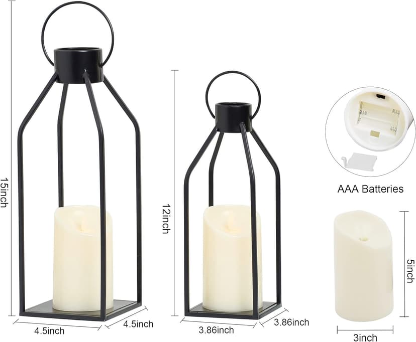 HPC Decor Modern Farmhouse Lanterrn Decor- Black Metal Candle for Christmas- Lanterns w/Timer Flickering Candles for Living Room,Home,Indoor, Outdoor,Table,Fireplace Mantle Décor