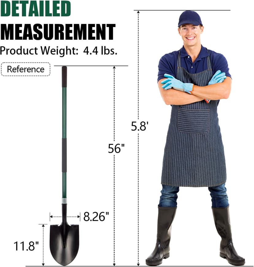 Shovel for Digging, 56 Inches Heavy Duty Shovel for Gardening, Round Shovel for Digging with Fiberglass Handle (Green)