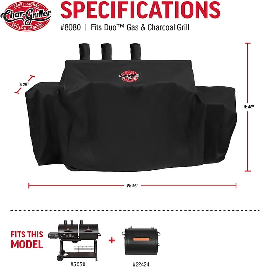 Char-Griller® 3-Burner Dual Fuel Expandable Propane Gas and Charcoal Outdoor Polyester Grill and Smoker Cover in Black, 29in x 65in x 49in, Model 8080