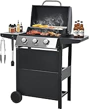 Gas Grill, Stainless Steel 30,000 BTU Patio Garden Barbecue Grill, 3 burner propane grill with Top Cover Lid, Wheels, and 2 Side Shelves, for Outdoor Patio Garden Picnic Back