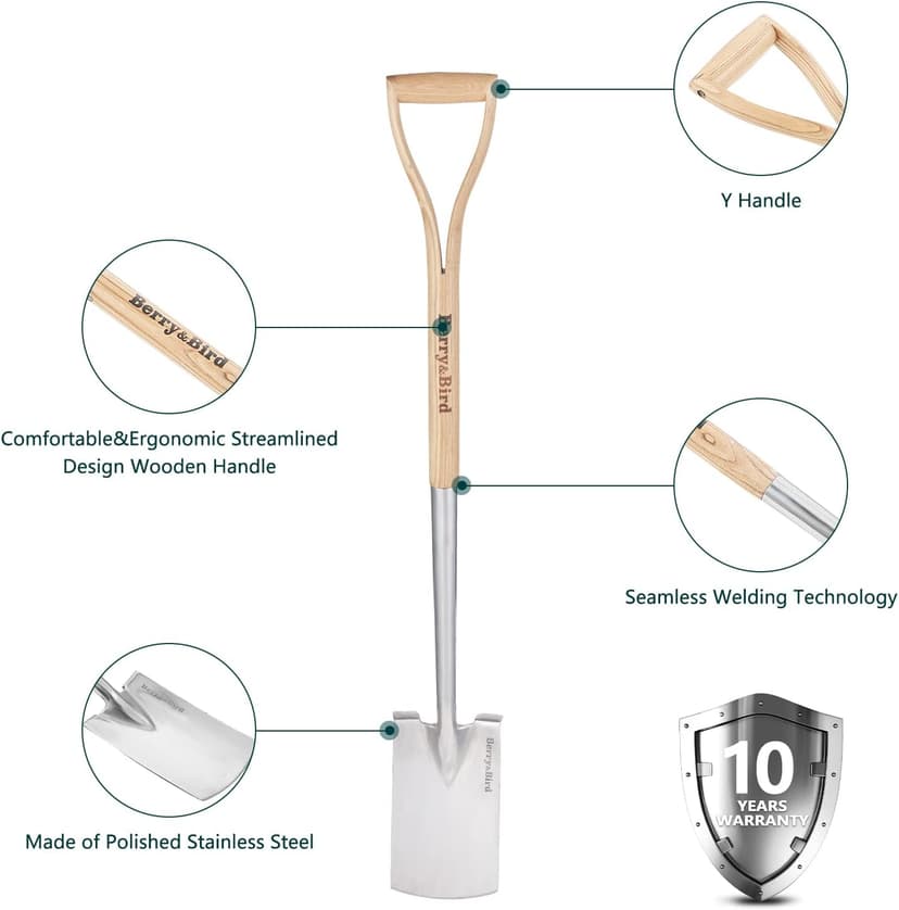 Garden Digging Spade, 41" Stainless Steel Square Border Spade, Heavy Duty European Shovel with D-Grip Handle, Traditional English Style Flat Shovel for Digging, Yard Work, Transplanting