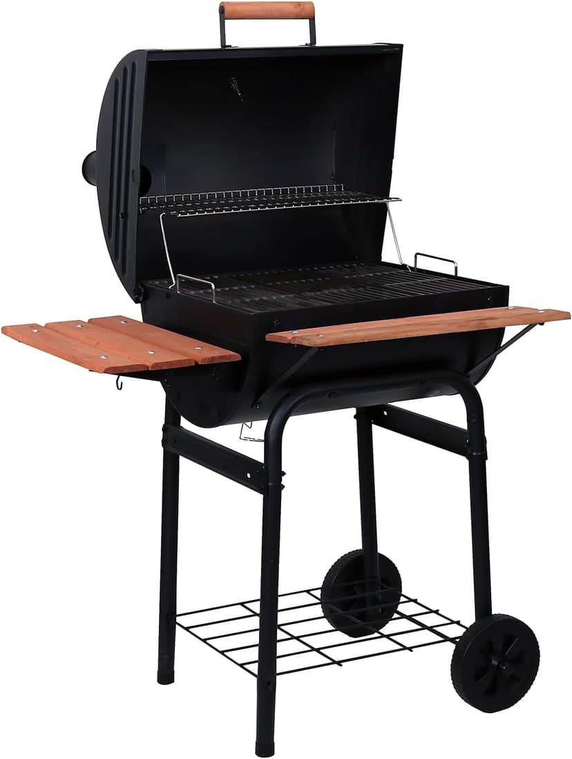 Char-Griller® Wrangler® Charcoal Grill in Black with Wood Shelves, EasyDump™ Ash Pan, Premium Wood Front and Side Shelves with Utensil Hooks, 635 Cooking Square Inches in Black, Model E2123