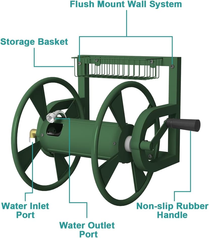 Garden Wall Mounted Hose Reel, Outdoor Heavy-Duty Water Hose Holder Winder, Holds 125 Feet of 5/8-Inch Hose, with 3.9 ft Leader Hose, Brass Fitting and Storage Basket for Yard, Green