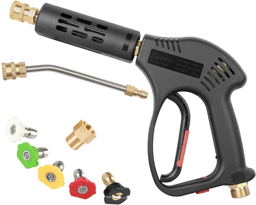 Pressure Washer Short Gun, 5 Nozzle Tips, 7 Inch Extension Curved Rod, M22 Fitting, Hot and Cold Water Replacement, 5000 PSI