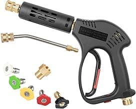Pressure Washer Short Gun, 5 Nozzle Tips, 7 Inch Extension Curved Rod, M22 Fitting, Hot and Cold Water Replacement, 5000 PSI