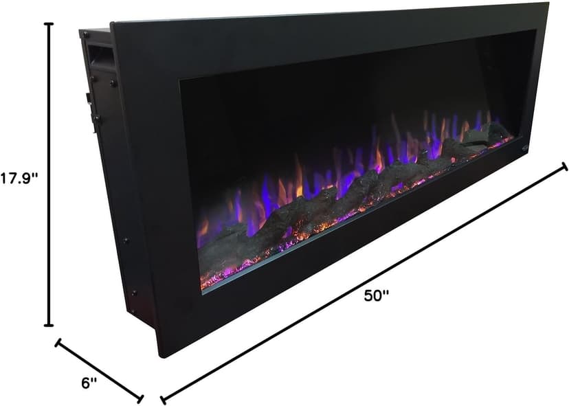 Touchstone Sideline Indoor/Outdoor Decorative Electric Fireplace -No Heat -GFI Plug for Outdoor Use -50" Wide -in Wall Recessed or Wall Mount -Realistic 3 Color Flame -Log & Crystal -Model 80017