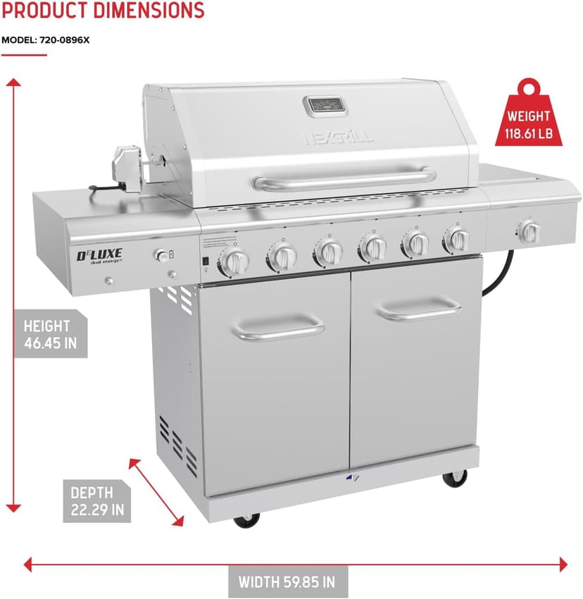 Nexgrill Deluxe 6-Burner Propane Gas Grill with Ceramic Searing Side Burner, Stainless Steel Frame, Rotisserie Kit, 60,000 BTUs Output, BBQ Grill Perfect for Outdoor Gatherings - 720-0896X