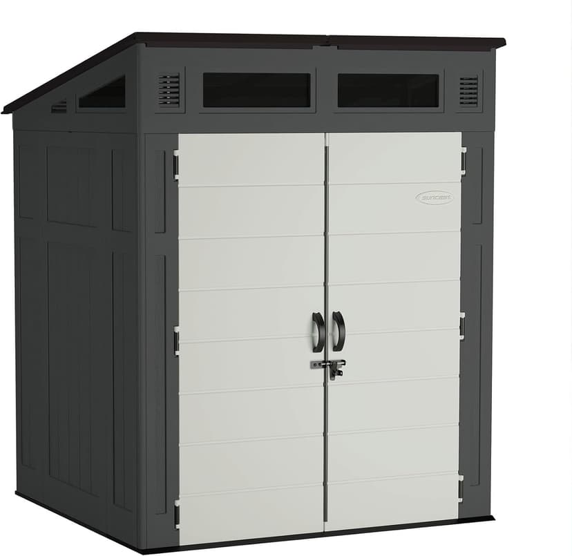 Suncast 6' x 5' Modernist Storage Shed for Yard Storage, All-Weather Outdoor Storage Shed with 2 Lockable Doors and Windows, Peppercorn, Made in The USA