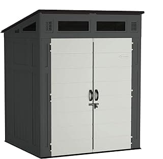 Suncast 6' x 5' Modernist Storage Shed for Yard Storage, All-Weather Outdoor Storage Shed with 2 Lockable Doors and Windows, Peppercorn, Made in The USA