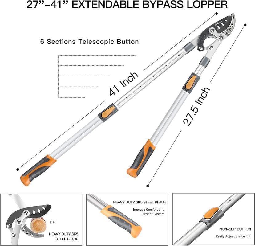 AIRAJ 27-41'' Extendable Anvil Loppers Heavy Duty with Compound Action, Tree Trimmer with 2 Inch Cutting Capacity, Chops Thick Branches Ease,Heavy Duty Tree Pruner with SK5 Spare Blade