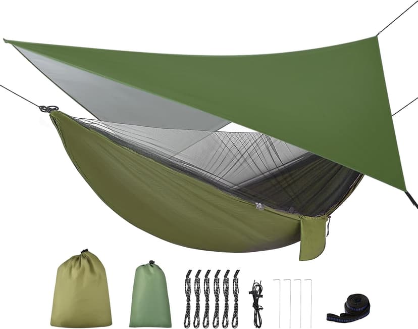 Camping Hammock with Rain Fly Tarp and Mosquito Net Portable Single Double Hammock Tent with Tree Strap Backpacking Hammock with Rain Cover for Hiking Travel Yard Activities Green
