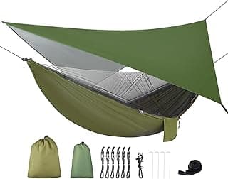 Camping Hammock with Rain Fly Tarp and Mosquito Net Portable Single Double Hammock Tent with Tree Strap Backpacking Hammock with Rain Cover for Hiking Travel Yard Activities Green