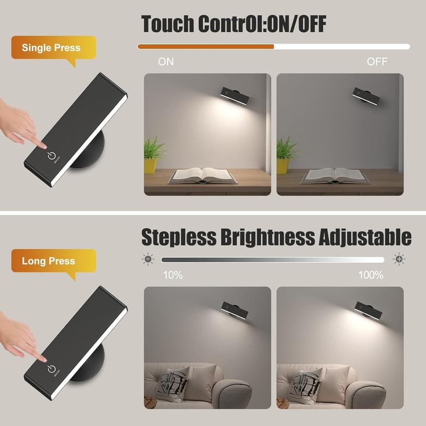 Honalia Adhesive Wall Lights for Bedroom 2 Pack, Rechargeable Wall Lights with Magnetic & Dimmable, 360 Rotation Cordless Wall Sconce, Peel and Stick Lights for Wall Bedside, Reading