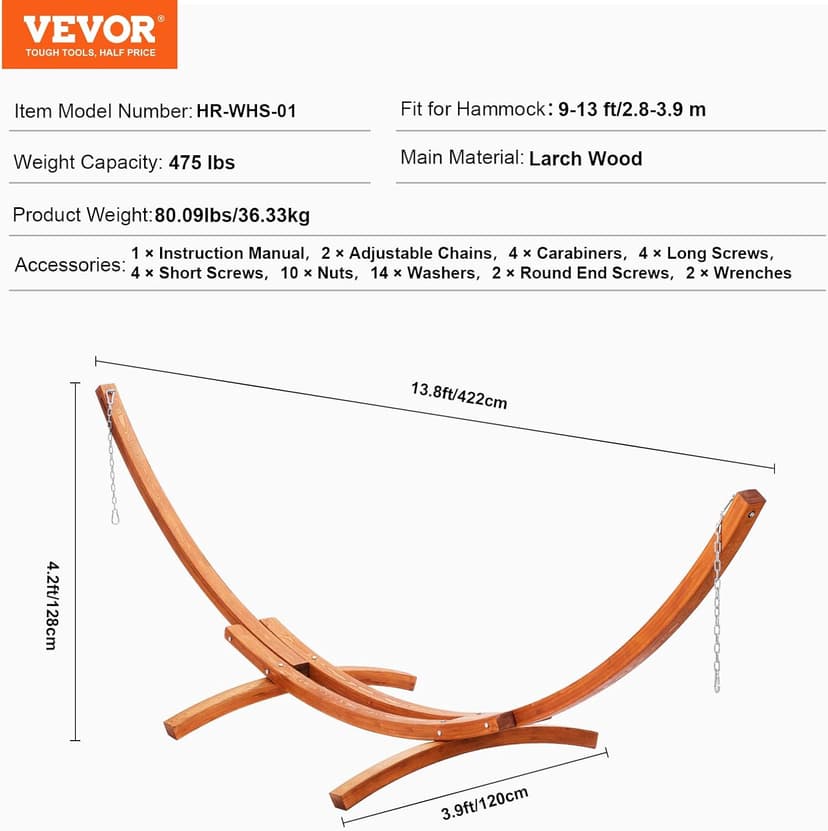 VEVOR Wooden Hammock Stand, 475 lbs Capacity Universal 2 Person Hammock Frame Fits 9-13 ft Hammocks, Larch Wood Arc Adjustable Stand for Hammock with Chain and Carabiner, for Outdoor and Indoor