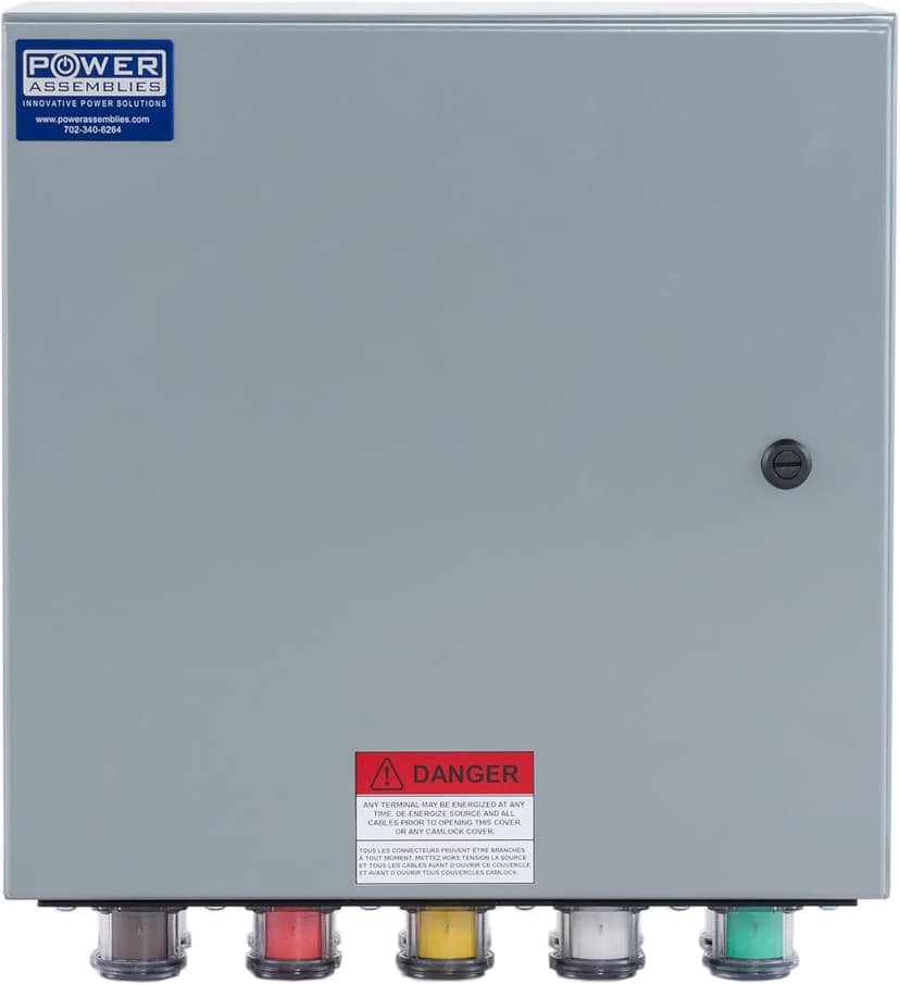 Camlock Connection Box, 400 Amp, 277/480V, 3 Phase, 4 Wire, NEMA 4/12 Box with Camlock Series 16 Male Inputs, Double Set Screw Wall-Mount Power Distribution Box, BRN/ORG/YEL/WHT/GRN