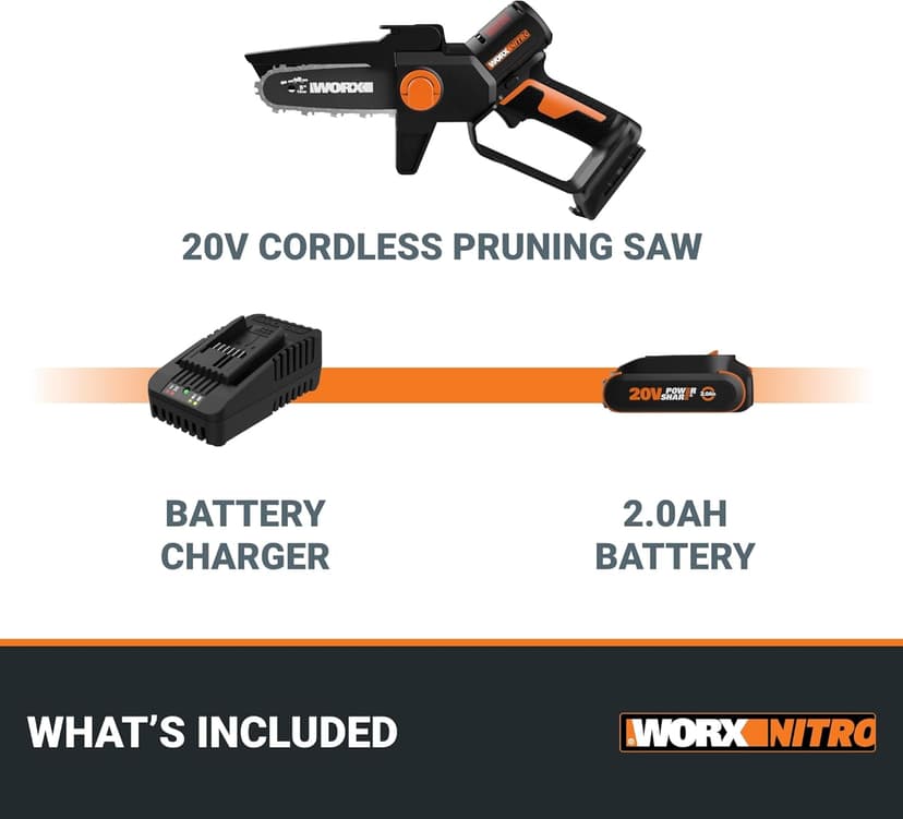 Worx Nitro 20V 5" Cordless Brushless Chainsaw 2.0 Ah Battery and Charger Included WG325